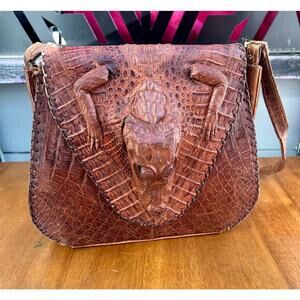 Vintage 1950's Genuine Alligator Handbag Brown Leather Alligator Head Purse